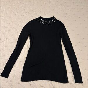 Per Se Black Long Sleeve Top with Studded Neckline